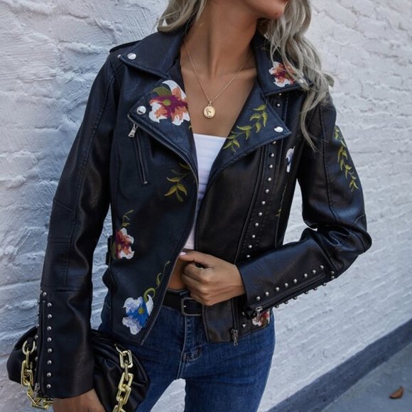 Floral Embroidered faux leather biker  jacket - Picture 4 of 9